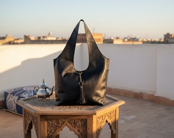 Handmade Leather Tote Bag with Tassel: Large Moroccan Shoulder Bag