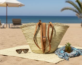 Extra Large Moroccan Straw Beach Tote with Leather Buckle – Handmade Palm Leaf Basket Bag