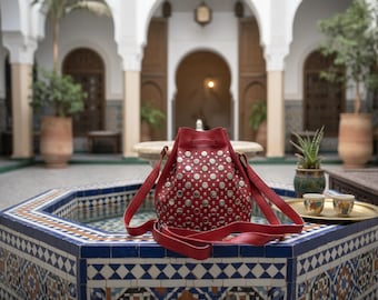 Genuine Leather Bucket Bag with Studded Design – Handmade Moroccan Crossbody with Tassel Drawstring Closure