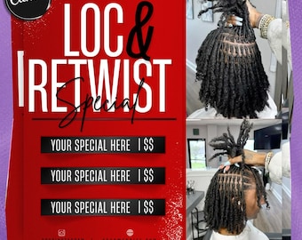 Loc & Retwist フライヤー | 編集可能なCanvaテンプレート | ヘアスタイリスト | ドレッドヘア | ヘアスペシャル | 既製のビジネスフライヤー | ソーシャルメディアフライヤー