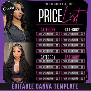 May include: A black and pink price list template with the text "PRICE List" in white and pink. The template includes sections for categories and special prices, with the words "YOUR SPECIAL HERE" and "EDITABLE CANVA TEMPLATE" also visible.
