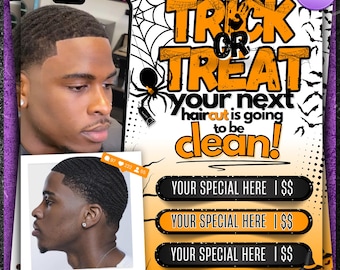 ハロウィン理髪店チラシ | 編集可能なCanvaテンプレート | ヘアカット | 理髪店 | 理髪店 | 既製のビジネスチラシ | ソーシャルメディアチラシ
