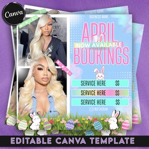 May include: A pink and blue digital flyer with the text "April Now Available Bookings" and a graphic of Easter eggs and bunnies. The flyer also includes a price list for services with the text "Service Here" and "$$" repeated three times.