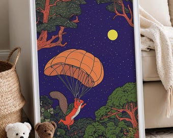 Impresión de ardilla en paracaídas: Arte infantil caprichoso PNG, descarga digital