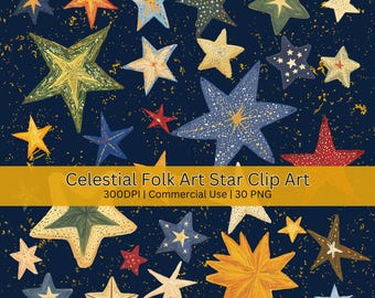 Conjunto de imágenes prediseñadas de estrellas celestiales: 30 PNG de arte popular vintage, descarga digital