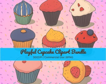 Conjunto de imágenes prediseñadas de cupcakes de acuarela: ilustraciones de pastelería caprichosas, descarga digital PNG, 4500 x 4500 px, 300 DPI