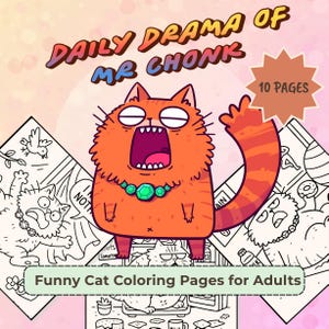 面白い猫の塗り絵 | 大人向けの印刷可能な猫の塗り絵シート | 10ページのPDF | きれいな線、ストーリーシーン、ボーナスの塗り絵タイトル