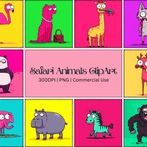 Pacote de clipart de animais engraçados do Safari | Animais fofos de desenho animado PNG | Download digital para adesivos, sublimação, cartões e POD
