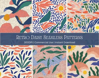 Patrón sin costuras de margaritas retro: Estampado floral de los años 60 para tela y papel tapiz, descarga digital