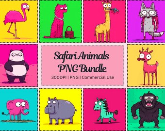 Paquete de imágenes prediseñadas de animales de safari divertidos: imágenes PNG de dibujos animados, descarga digital