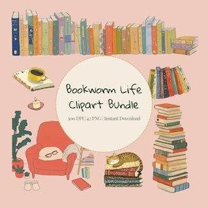Buchliebhaber Clipart | Digitale Aufkleber für Bücherwürmer - Leseecke, Buchstapel, Lesefiguren, Katzen und Kaffee PNGs
