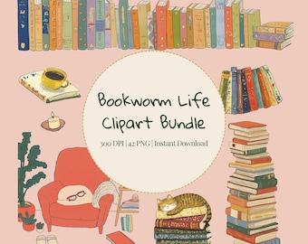 Paquete de imágenes prediseñadas para amantes de los libros: Rincones de lectura, gatos, café PNG, descarga digital