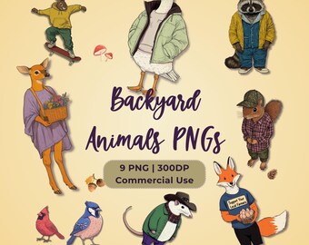 Imágenes prediseñadas de animales divertidos de jardín: paquete PNG de fauna urbana, descarga digital