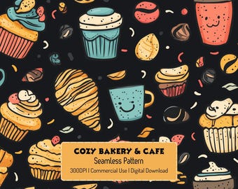 Patrón sin costuras de pastelería y café acogedor PNG/ Lindo patrón repetido de panadería/ Impresión de croissant y cupcake para tela o papel de regalo