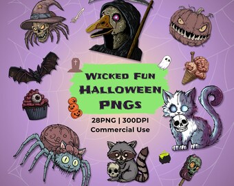 Imágenes prediseñadas de Halloween retro: gatos, mapaches y gansos espeluznantes, archivos PNG, descarga digital