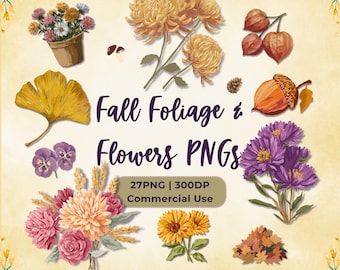 Imágenes prediseñadas de flores y hojas de otoño en acuarela: PNG botánico vintage, descarga digital