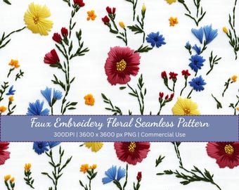 Patrón floral de imitación bordado: Claveles y margaritas PNG, descarga digital