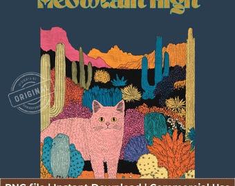 Gato psicodélico, cactus y país de las maravillas PNG: Arte surrealista retro, descarga digital
