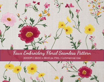 Patrón floral sin costuras con bordado falso, diseño textil de claveles y margaritas, patrón de repetición digital