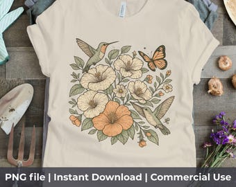 Colibrí, mariposa, flor silvestre PNG: Sublimación de camisetas estilo cottagecore, descarga digital