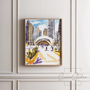 May include: A watercolor painting of a city scene with tall buildings, a large white dome, and people walking on a path. The painting is done in a bright, colorful style with shades of blue, yellow, green, and purple.