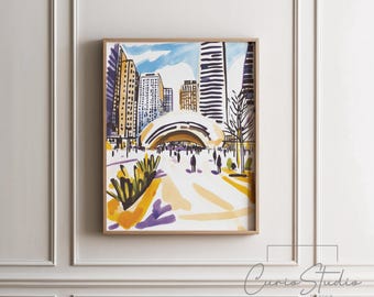 Impresión en acuarela de Chicago Cloud Gate: arte mural de paisaje urbano moderno, descarga digital