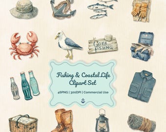 Retro Fishing Clipart: 46 Watercolor Coastal PNGs, Digital Download
