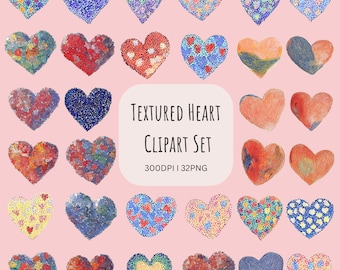 Conjunto de imágenes prediseñadas de corazones texturizados: mosaico, mapa de calor y dibujo a lápiz PNG, descarga digital