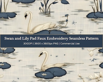 Patrón de bordado de cisne y nenúfar: PNG sin costuras para tela, papel tapiz y descarga digital