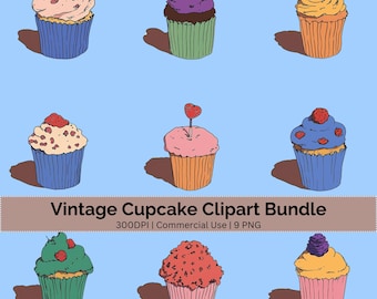 Paquete de imágenes prediseñadas de cupcakes vintage: gráficos PNG de panadería retro, descarga digital