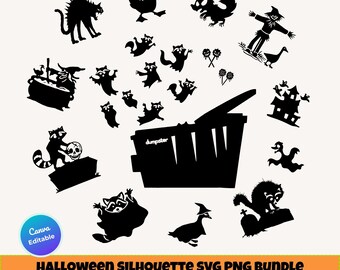 Paquete de imágenes prediseñadas de siluetas de Halloween: Mapache y ganso espeluznantes SVG PNG, descarga digital