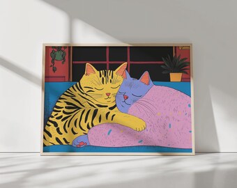 Impresión de gatos acurrucándose: Arte digital de pared para pareja de gatos acurrucándose, descarga digital