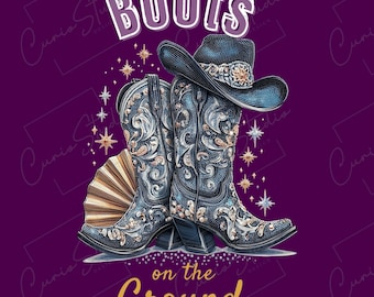 Botas vaqueras en el suelo PNG: Arte occidental con diamantes de imitación, descarga digital