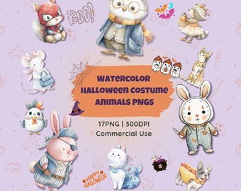 Imágenes prediseñadas de animales de Halloween en acuarela: Disfraces pastel PNG, descarga digital