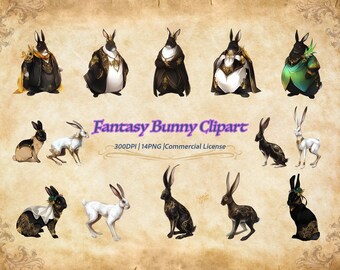 Paquete de imágenes prediseñadas de conejito de fantasía / Conejo de anime negro, blanco y dorado PNG / Conejo mágico místico