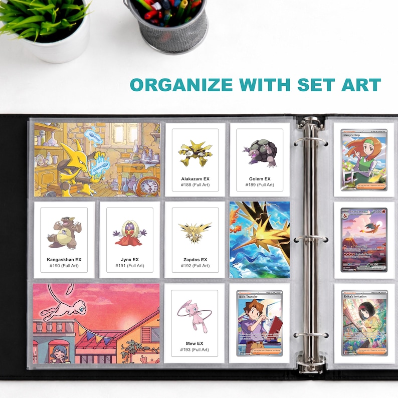 May include: A black binder with clear card sleeves filled with various Pok&eacute;mon trading cards. The cards feature colorful illustrations of Pok&eacute;mon characters and the text "ORGANIZE WITH SET ART". The binder is open, displaying multiple cards.