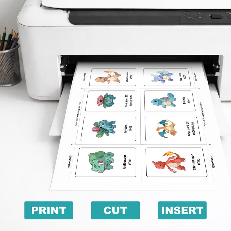 May include: A white printer printing a sheet of trading cards featuring various cartoon characters. The cards have a white border and include the words "PRINT", "CUT", and "INSERT" at the bottom.