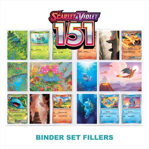 Könnte beinhalten: Eine Sammlung von Scarlet & Violet 151 Sammelkarten in einem Ordner, die verschiedene farbenfrohe Illustrationen von Kreaturen in natürlichen Umgebungen zeigen, darunter Bulbasaur, Venusaur, Charizard, Squirtle und Wartortle mit Text.
