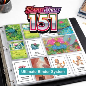 May include: A black binder filled with Pokémon trading cards. The cards feature various Pokémon characters, including Ivysaur, Venusaur, and Charmander. The binder has the "Scarlet & Violet 151" logo at the top and the text "Ultimate Binder System" at the bottom.