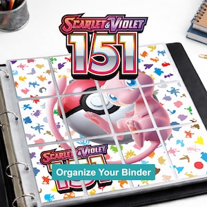 May include: A black three-ring binder with clear plastic trading card sleeves. The insert features a pink Mew character, a red and white Poké Ball, and a colorful pattern of various Pokémon silhouettes. Text reads Scarlet & Violet 151.