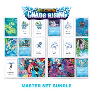 May include: A trading card binder page display titled Mega Evolution Chaos Rising Master Set Bundle. It features various Pokémon cards including Froakie, Frogadier, Bergmite, Avalugg, M Greninja EX, and Wimpod, with colourful illustrations and text.