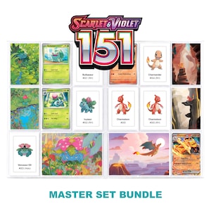 May include: A collection of Scarlet & Violet 151 trading cards arranged in a binder display. The set includes various Pokémon character cards, illustrated scenes, and text labels such as Bulbasaur, Ivysaur, Venusaur EX, Charmander, and Charmeleon.