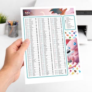 May include: A printed sheet featuring a checklist for a "Base Set" with the number "151" at the top. The sheet has a teal border and includes various checkboxes and character names. A pink cartoon character is visible on the right.