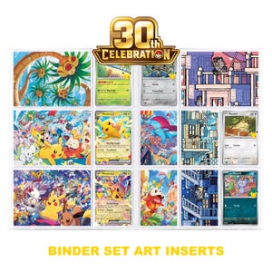 May include: A collection of Pokémon trading cards and art inserts arranged in a grid, featuring a 30th Celebration logo at the top. The display includes various character illustrations, Pikachu cards, and city-themed artwork with vibrant colors.