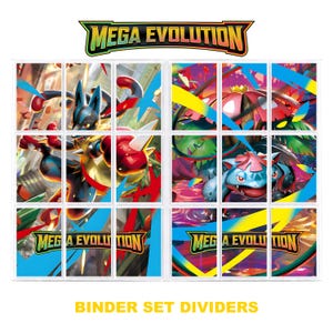 May include: A set of trading card binder dividers featuring the text MEGA EVOLUTION at the top and on individual cards. The left side displays a blue and black creature, while the right side shows a red and green creature, both with colourful accents.