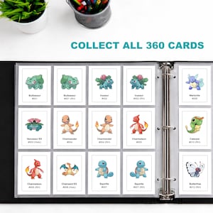 May include: A black binder displaying a collection of Pok&eacute;mon trading cards. The cards feature various colorful Pok&eacute;mon characters, including Bulbasaur, Charmander, and Squirtle. Text on the image reads "COLLECT ALL 360 CARDS".