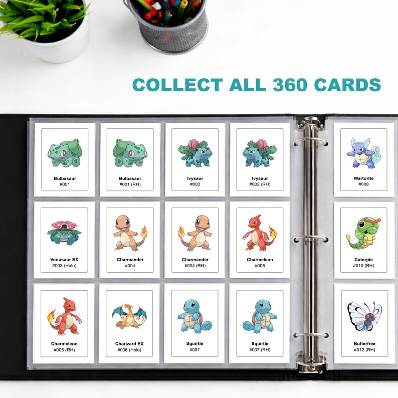 May include: A black binder displaying a collection of Pok&eacute;mon trading cards. The cards feature various colorful Pok&eacute;mon characters, including Bulbasaur, Charmander, and Squirtle. Text on the image reads "COLLECT ALL 360 CARDS".