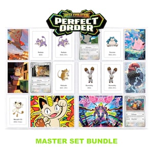 Op de afbeelding: Een verzamelkaartenmap met diverse Pokémon-kaarten, waaronder Rattata, Snorlax, Bunnelby en Meowth EX. De koptekst luidt Mega Evolution Perfect Order en de onderste tekst luidt Master Set Bundle.