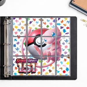 May include: Black binder with a clear plastic sheet filled with trading card pages. The pages display a pink Mew, a red and white Poke Ball, and the text "Scarlet & Violet 151". The background is white with colorful character silhouettes.