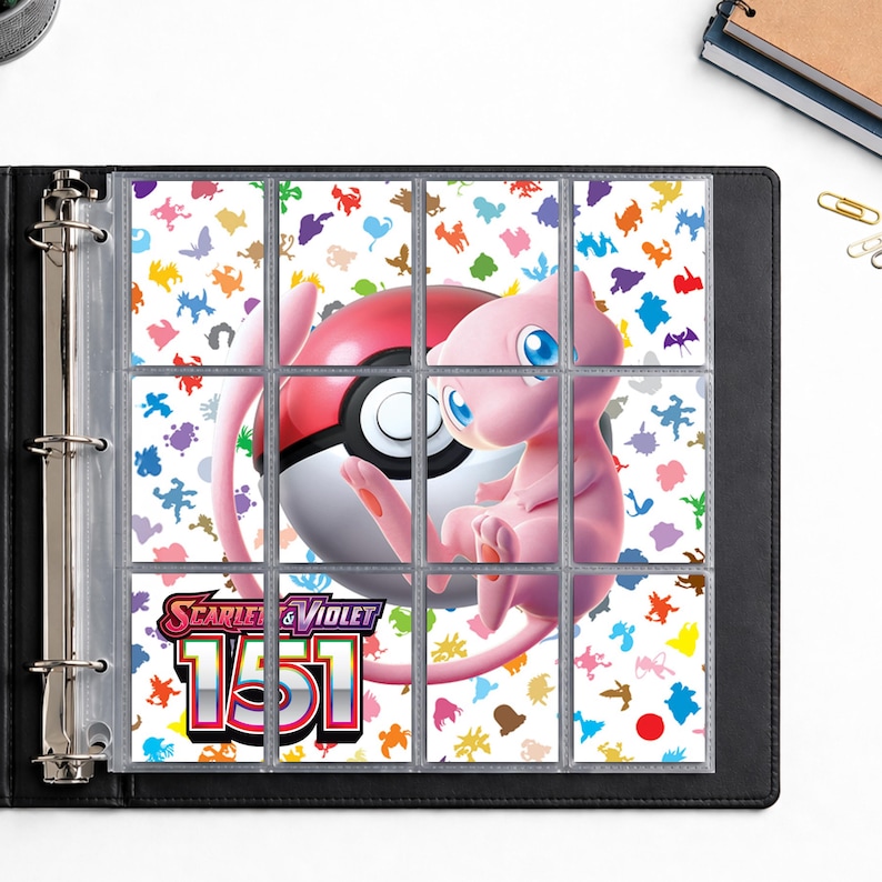 May include: Black binder with a clear plastic sheet filled with trading card pages. The pages display a pink Mew, a red and white Poke Ball, and the text "Scarlet & Violet 151". The background is white with colorful character silhouettes.